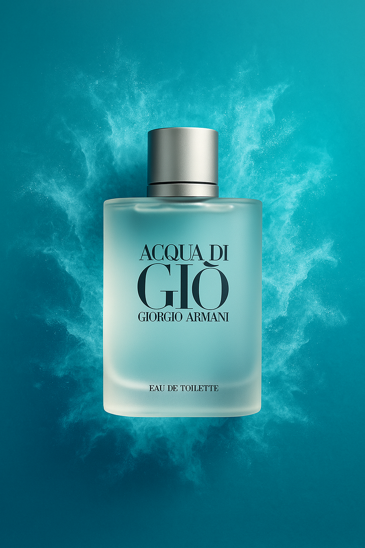 Giorgio Armani Acqua di Giò Eau de Toilette bottle on a blue background with smoke effect
