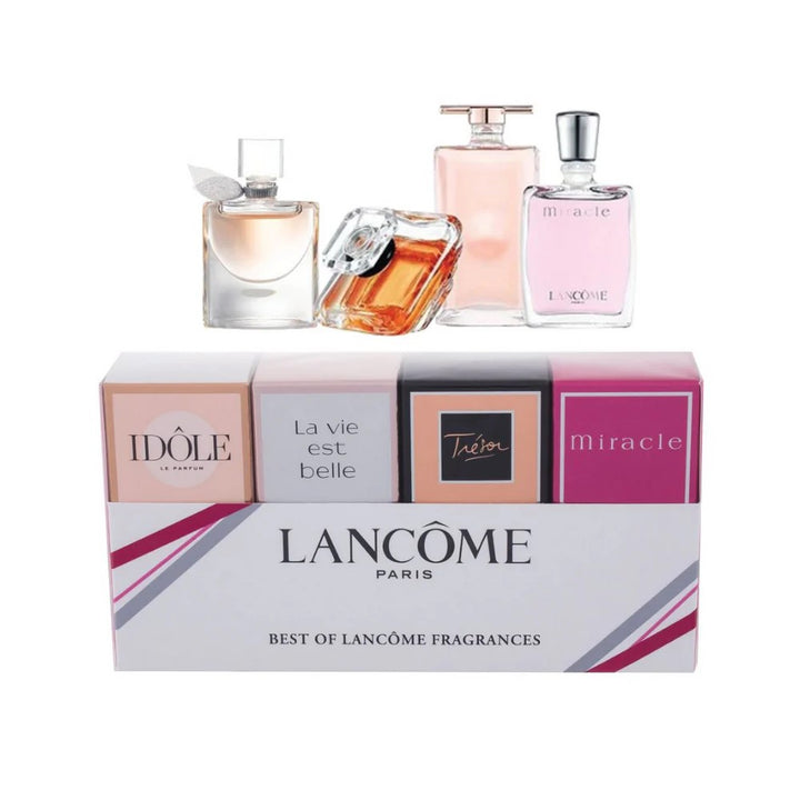 Lancème 4pc perfume bottles and packaging on a white background