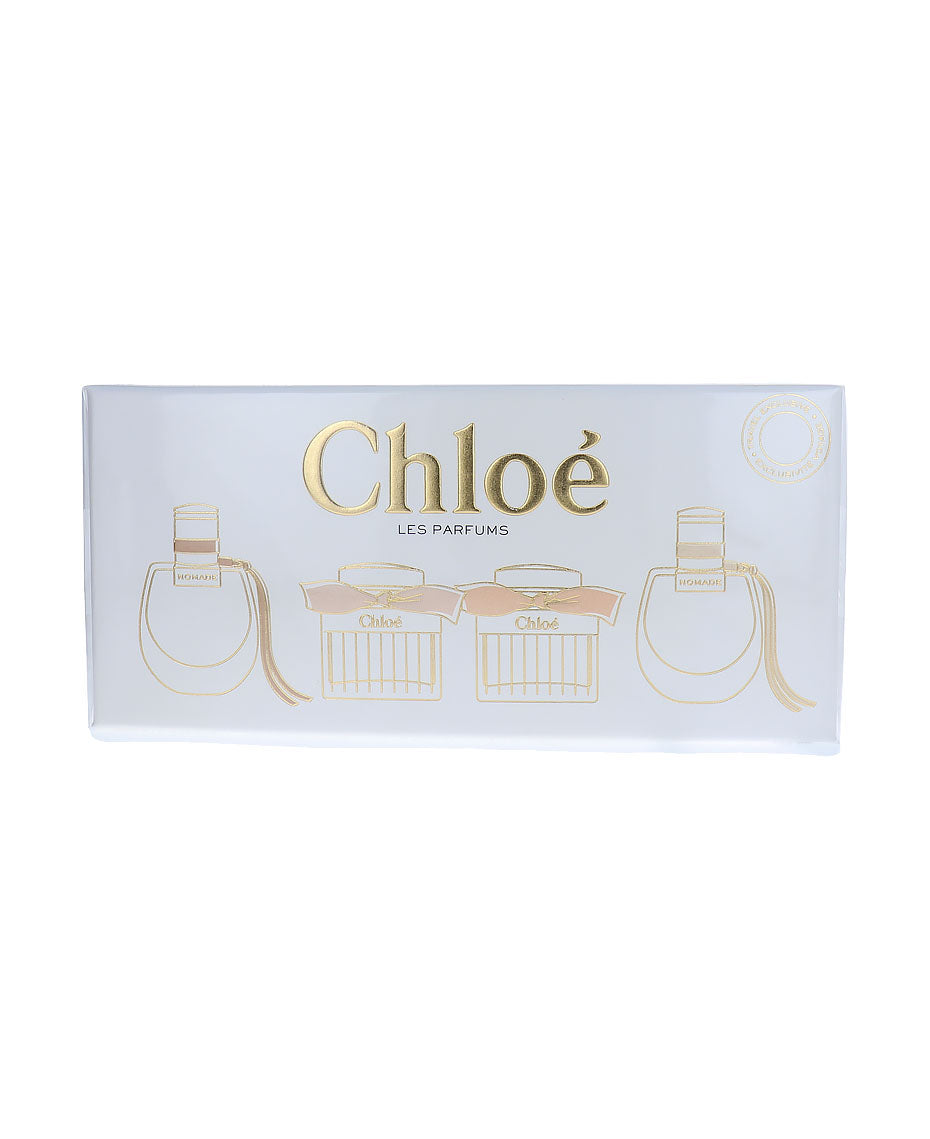 Chloe perfume packaging with gold text and illustrations on a white background