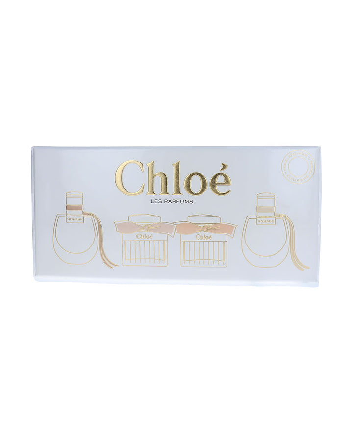 Chloe perfume packaging with gold text and illustrations on a white background