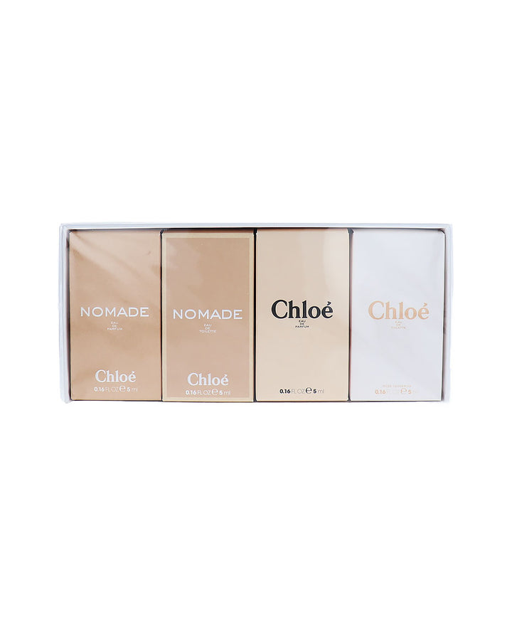 Chloe perfume set with 'Nomade' and 'Chloe' branding on a white background