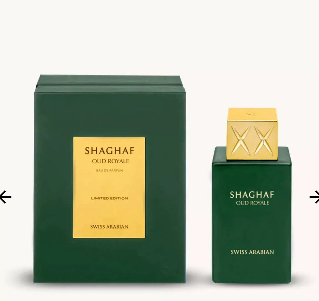 image showing the bottle and packaging for Swiss Arabian Shaghaf Oud Royale Cologne By Swiss Arabian Eau De Parfum Spray (Unisex) Limited Edition 75ml