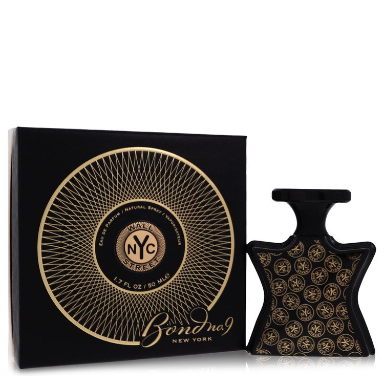 Black and gold Bond No. 9 perfume bottle and packaging on a white background