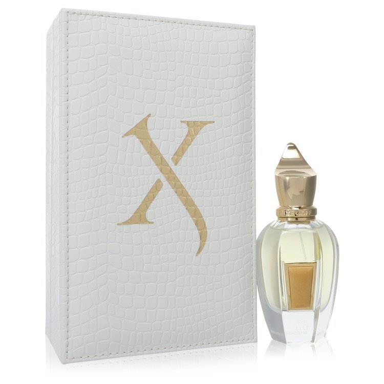 Perfume bottle with gold cap and a matching box featuring a large 'X' on a white background