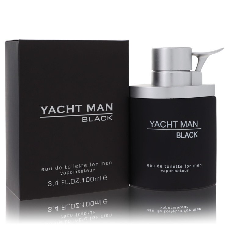 image showing the bottle and packaging for Yacht Man Black Cologne By Myrurgia Eau De Toilette Spray 100ml