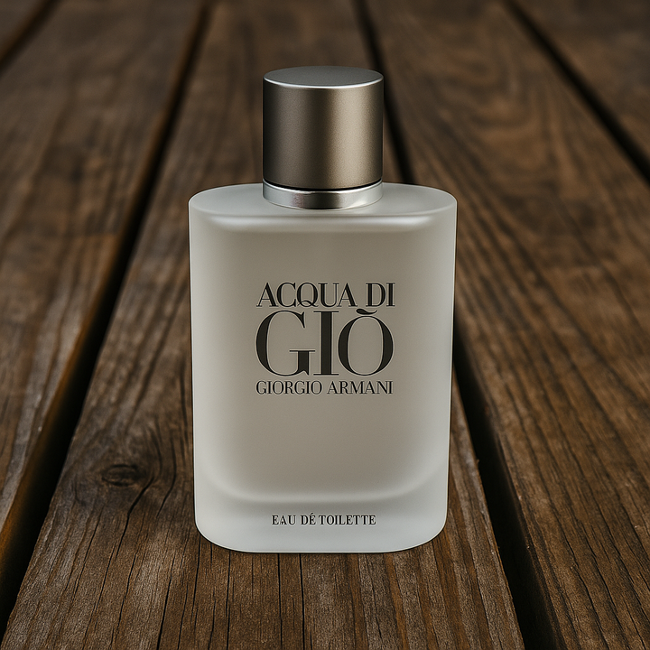 Perfume bottle of Acqua di Giò by Giorgio Armani on a wooden surface