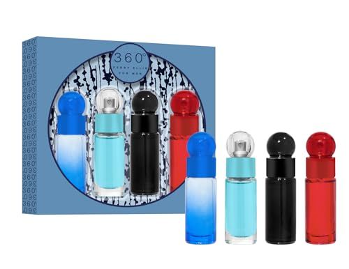 image showing the bottle and packaging for perry ellis 360 by Perry Ellis Gift Set    Four piece Travel Gift Set Includes 8ml Mini EDT Spray of each. 360 Black, 360 For Men, 360 Very Blue, 360 Red Set
