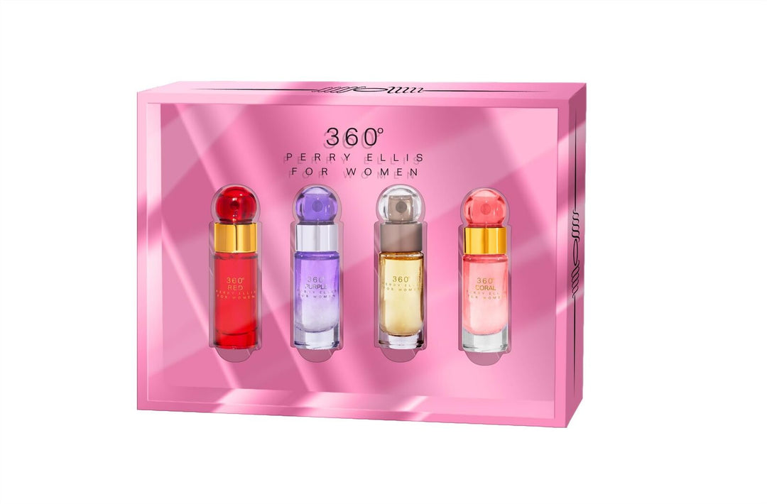 image showing the bottle and packaging for perry ellis 360 by Perry Ellis Gift Set    Four piece Travel Gift Set Includes 8ml Mini Eau De Parfum Spray of each. 360 Coral, 360 For Women, 360 Purple, 360 Red Set