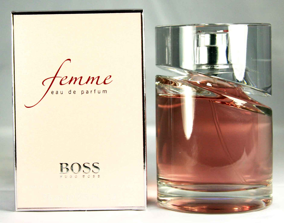 BOSS Femme eau de parfum bottle and packaging on a gray background