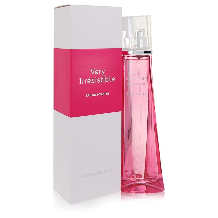 Pink perfume bottle and packaging with 'Very Irresistible' text on a white background