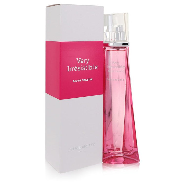 Pink perfume bottle and packaging with 'Very Irresistible' text on a white background