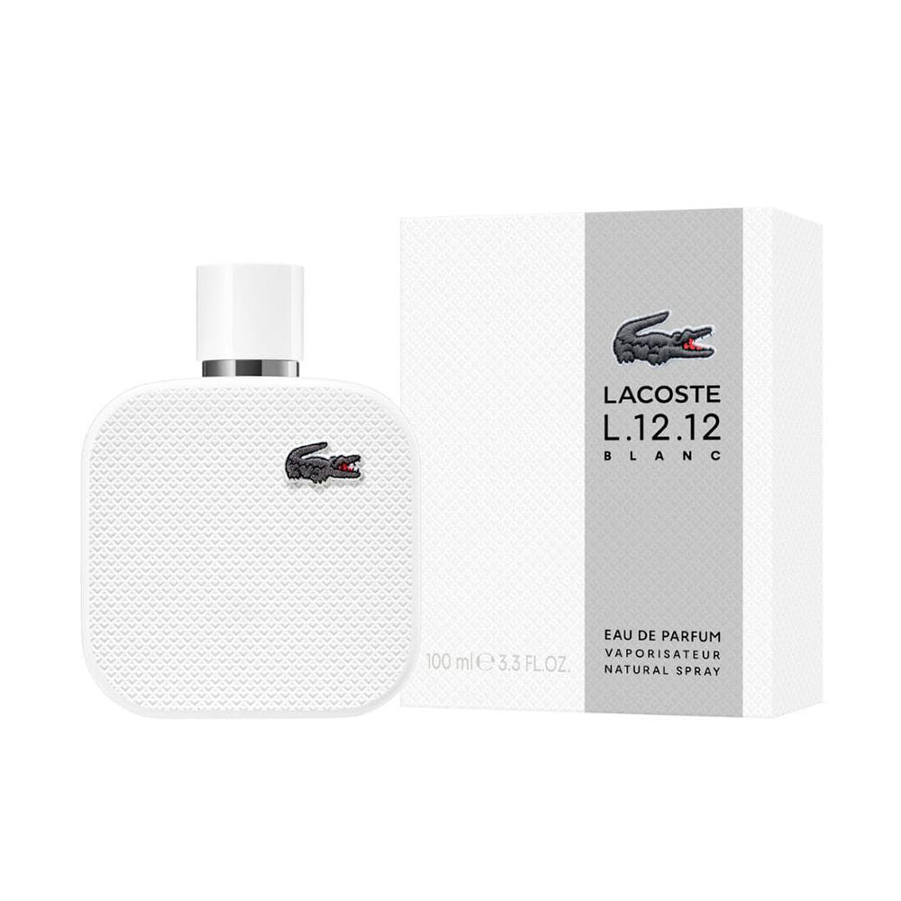 Lacoste L.12.12 Blanc perfume bottle and packaging on a white background
