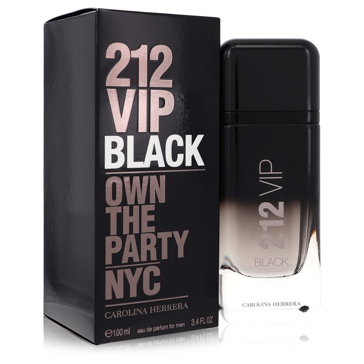 Carolina Herrera 212 VIP Black perfume bottle and packaging on a white background