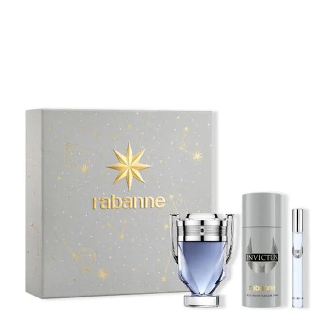 Paco Rabanne Invictus 3 pc Set   100ml EDT Spray + 150ml Deo Spray + 10ml Travel Spray set  - Just Perfume