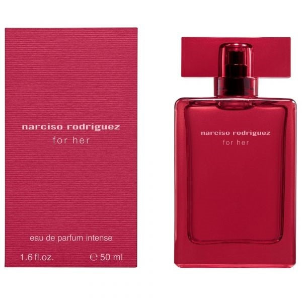 Red narciso Rodriguez for Her perfume bottle and packaging on a white background