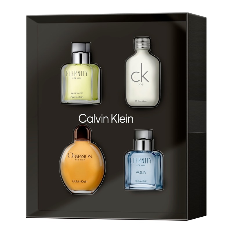 image showing the bottle and packaging for Calvin Klein 4pc Mini Set (M)   All 15ml   Eternity + CK1 + Obsession + Eternity Aqua set