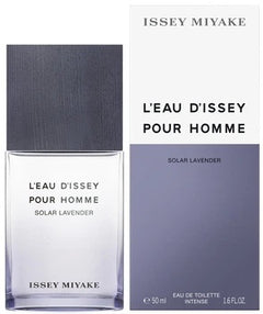 Issey Miyake L'EAU D'ISSEY POUR HOMME Solar Lavender fragrance shown with a clear bottle and its white retail box on a white background.