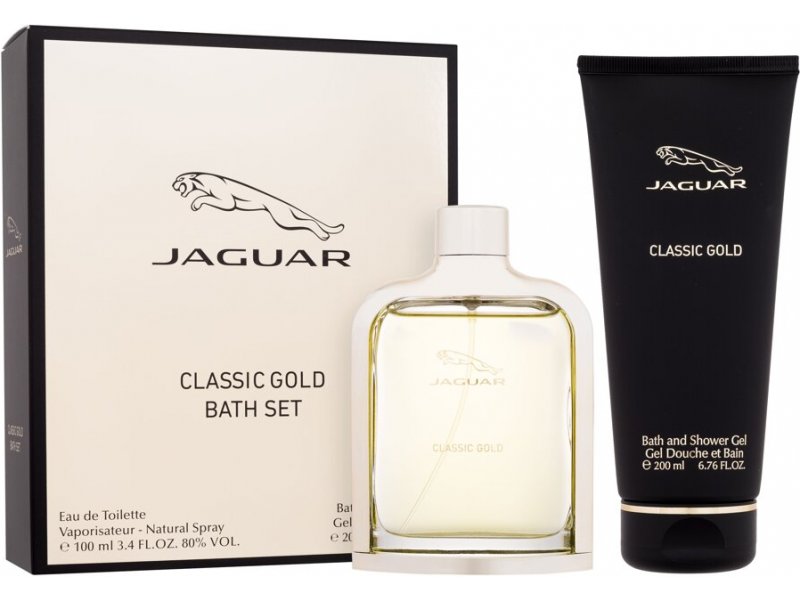 Jaguar Classic Gold bath set with bottle, box, and shower gel on a white background