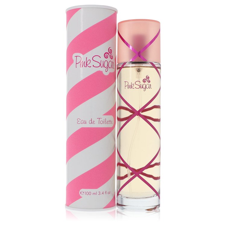 Pink Sugar perfume bottle and packaging on a white background