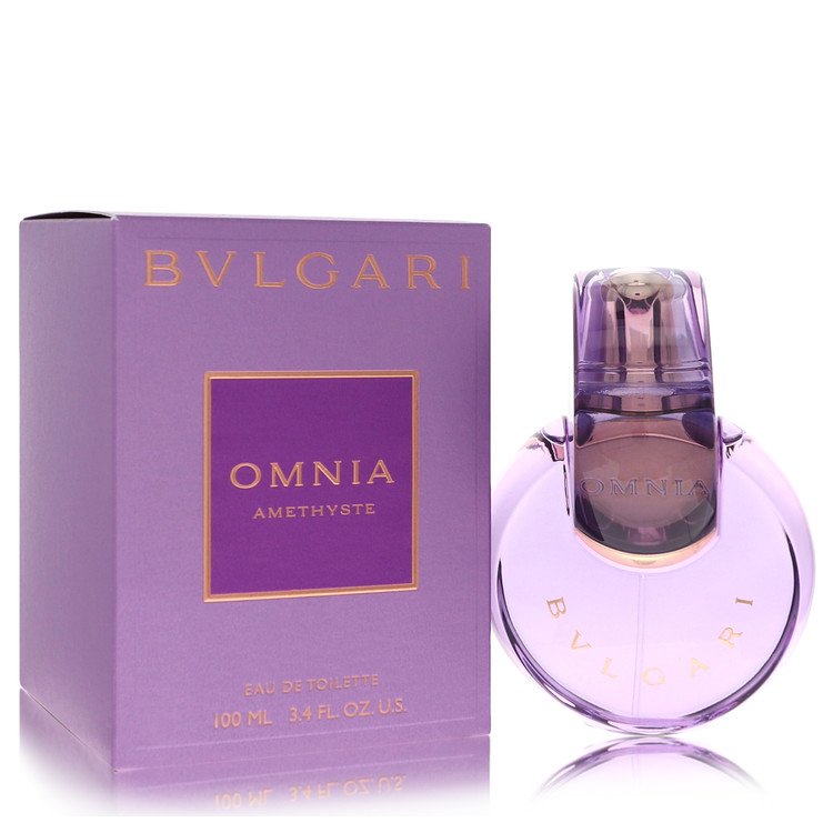 image showing the bottle and packaging for Omnia Amethyste Perfume By Bvlgari Eau De Toilette Refillable Spray 100ml