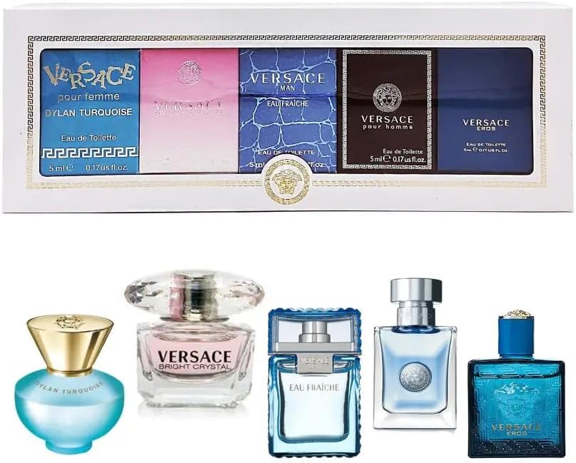 Versace perfume set with various bottles displayed in front of a branded box.