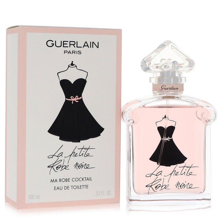 Guerlain perfume bottle and packaging with black dress illustration on a white background