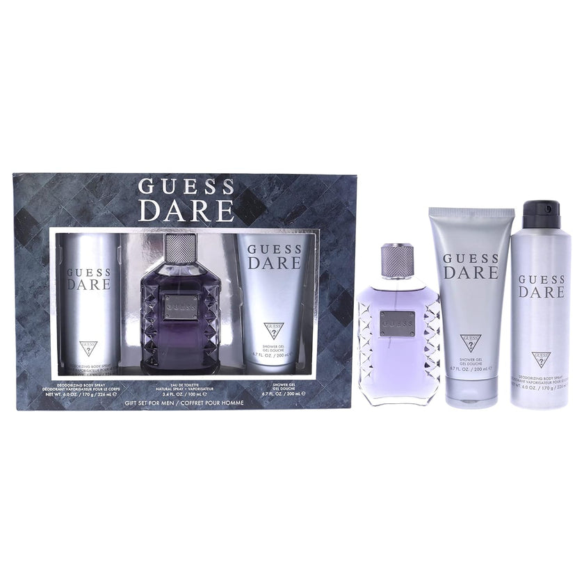 image showing the bottle and packaging for Guess Dare Homme 3pc Set   EDT 100ml + Body Spray 226ml + Shower Gel 200ml set