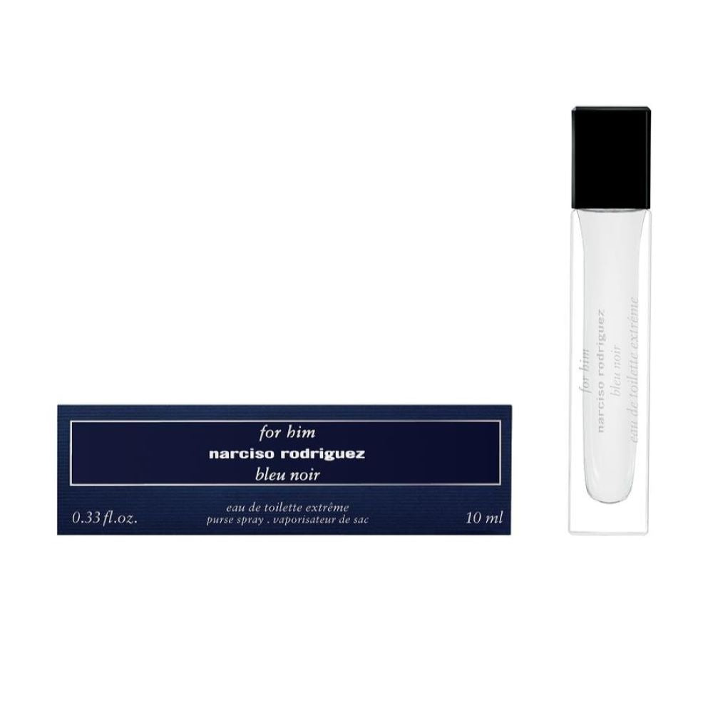 Narciso Rodriguez For Him Bleu Noir Eau de Parfum bottle and its packaging box, both in a deep blue and black color scheme with white text, set against a white background with a reflection.