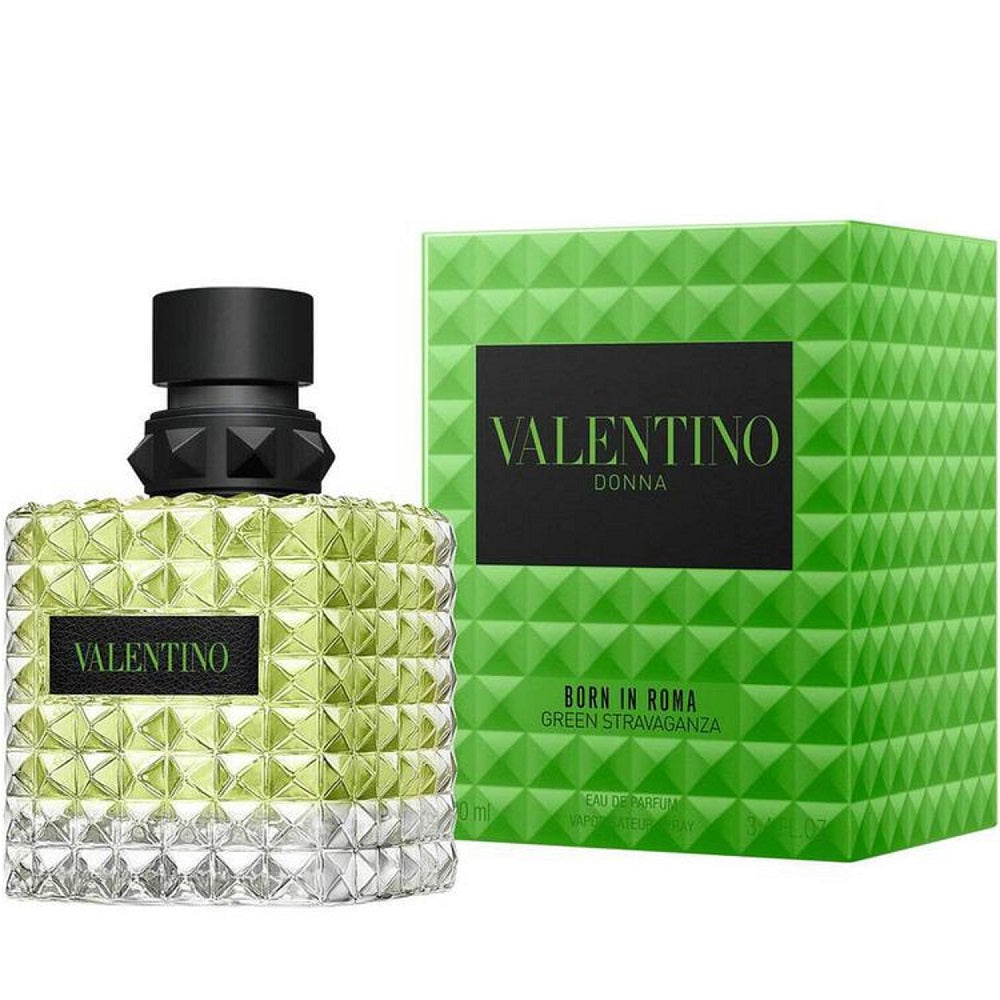 image showing the bottle and packaging for Valentino Donna Born In Roma Green Stravaganza Perfume By Valentino Eau De Parfum Spray 100ml