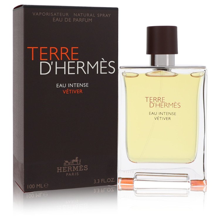 Hermès Terre D'Hermès Eau Intense Vétiver perfume bottle with its dark brown box packaging, displayed on a clean white background with a subtle reflection.