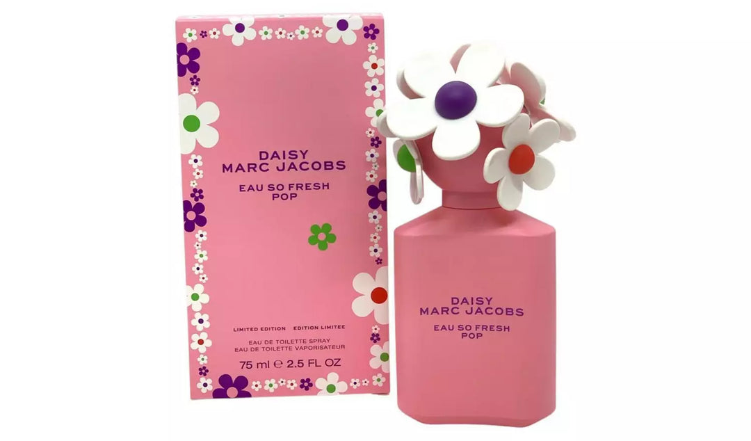 Pink Marc Jacobs Daisy perfume bottle and packaging with floral design on a white background