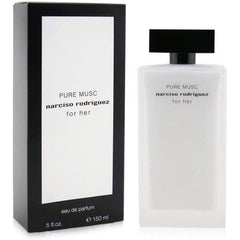 Narciso Rodriguez Pure Musc for her 100ml perfume bottle next to its black and white packaging box.