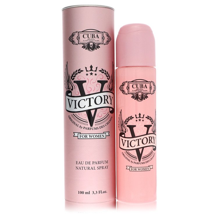 Pink 'Cuba Victory' perfume bottle and packaging on a white background