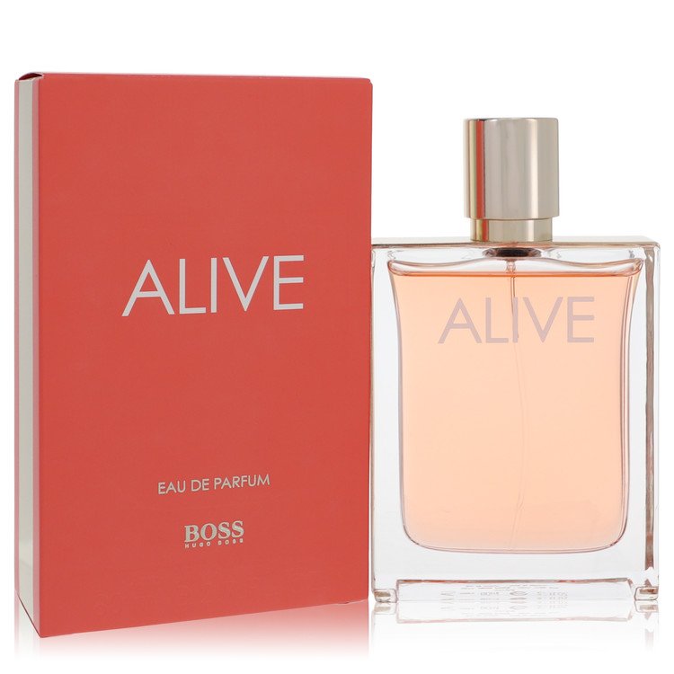 Hugo Boss Alive Eau de Parfum bottle with a silver cap next to its coral red packaging box, on a white background.