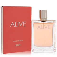 Hugo Boss Alive Eau de Parfum bottle with a silver cap next to its coral red packaging box, on a white background.