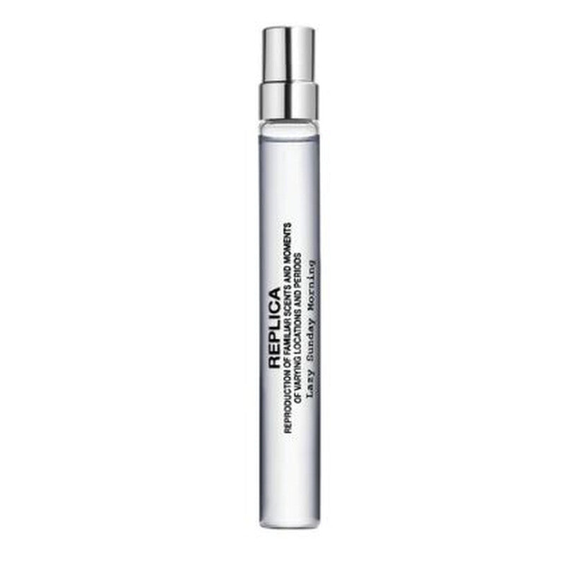Maison Margiela Replica Eau de Toilette spray bottle and its original white packaging box, featuring a clear glass bottle with a silver spray nozzle and a white label with black text.