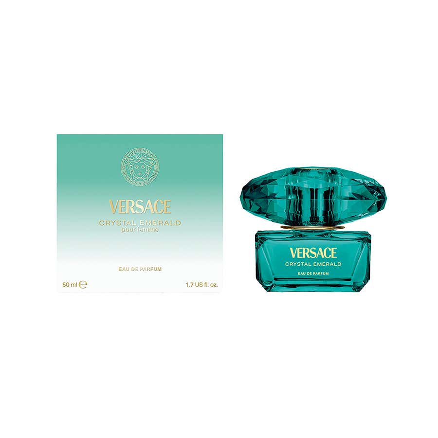 Versace Crystal Emerald Eau de Parfum shown with its teal gradient box and the faceted teal perfume bottle on a plain white background.