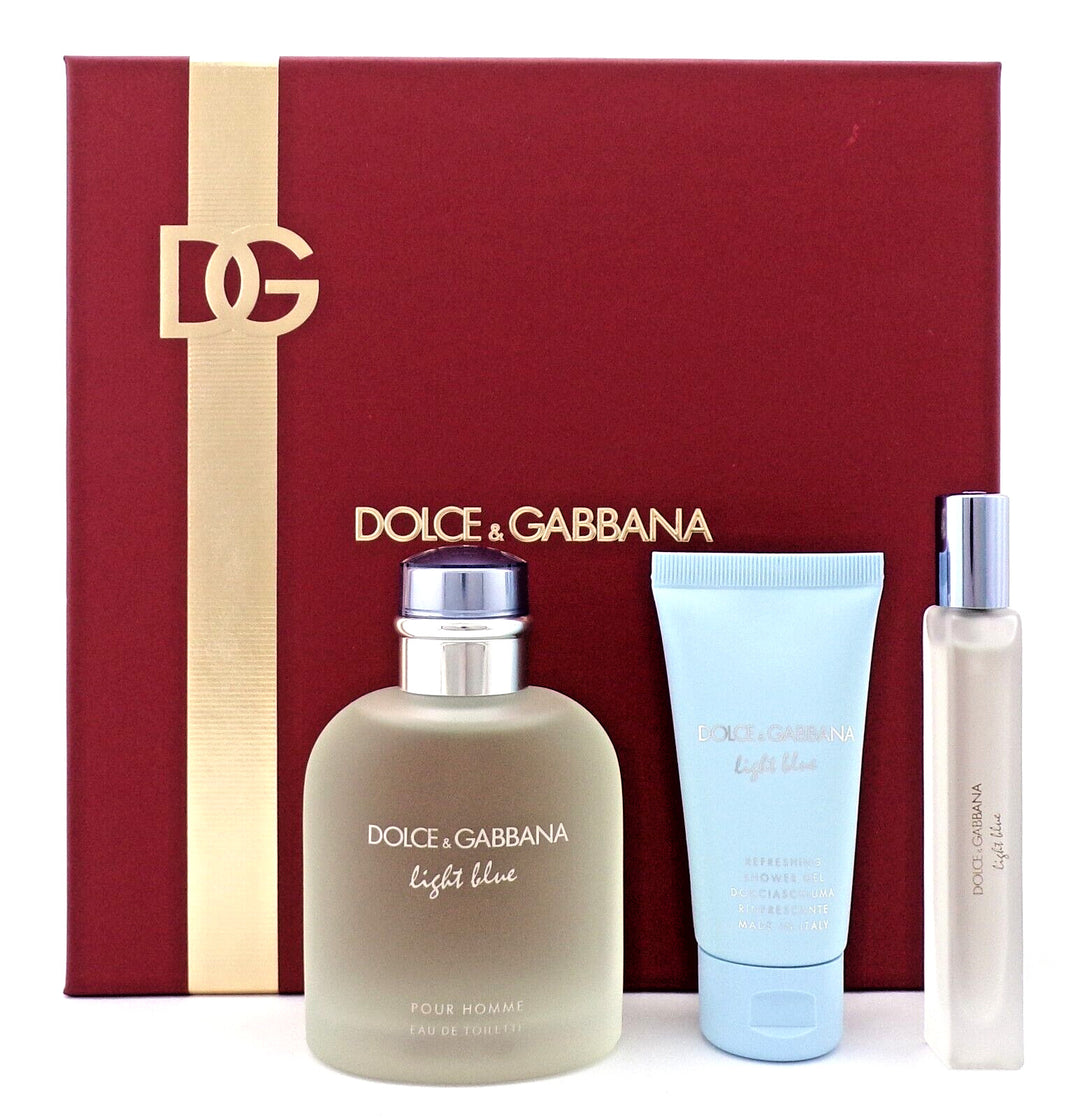 image showing the bottle and packaging for DOLCE & GABBANA LIGHT BLUE (M) 3PC SET   EDT 125ML + SHOWER GEL 50ML + TRAVEL SPRAY 10ML set