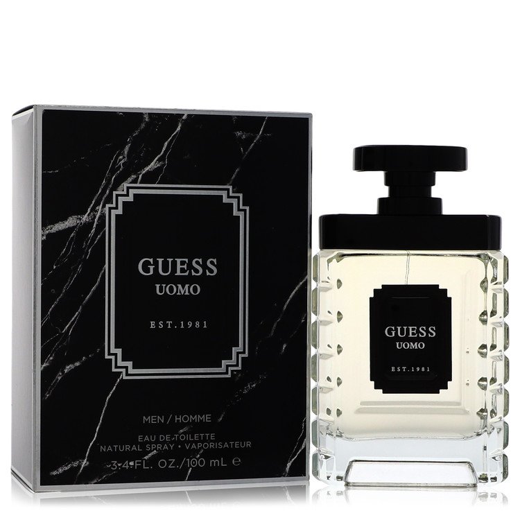 image showing the bottle and packaging for Guess Uomo Cologne By Guess Fragrance Mist 180ml