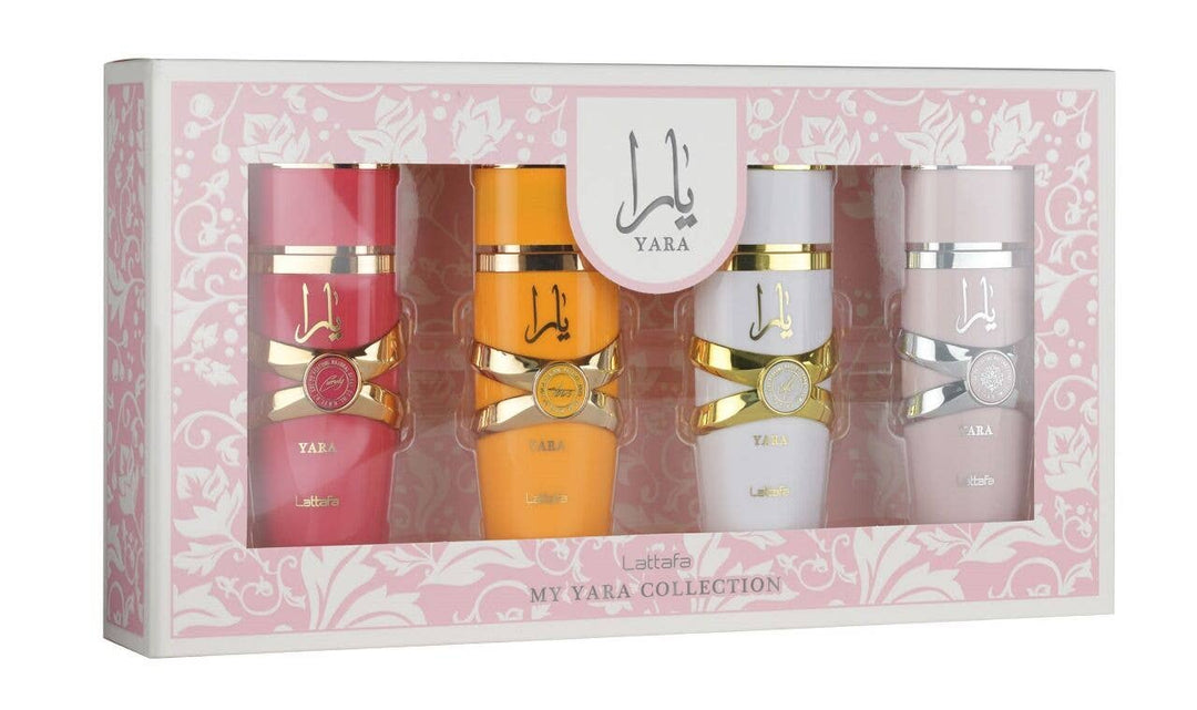 image showing the bottle and packaging for LATTAFA YARA 4PC MINI SET   YARA + TOUS + MOI + CANDY   ALL 25ML set