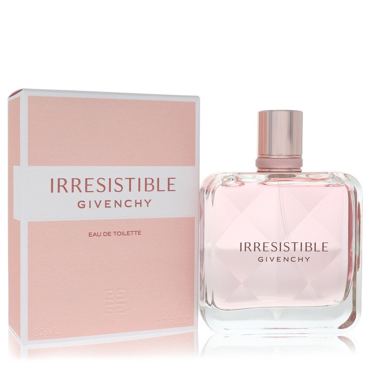 Givenchy Irresistible Eau de Toilette perfume bottle and its original packaging box, both in a soft pink color, on a white background.