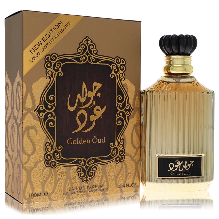 image showing the bottle and packaging for Lattafa Asdaaf Golden Oud Cologne By Lattafa Eau De Parfum Spray (Unisex New Packaging) 100ml