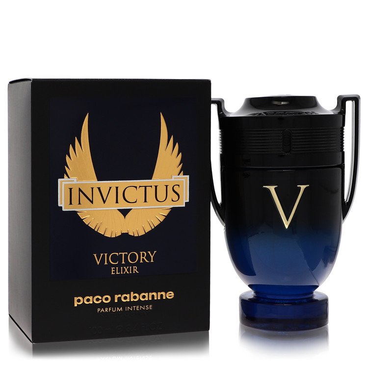 image showing the bottle and packaging for Invictus Victory Elixir Cologne By Paco Rabanne Eau De Parfum Spray 50ml