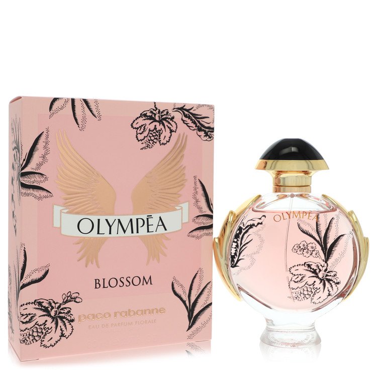 image showing the bottle and packaging for Olympea Blossom Perfume By Paco Rabanne Eau De Parfum Spray 50ml