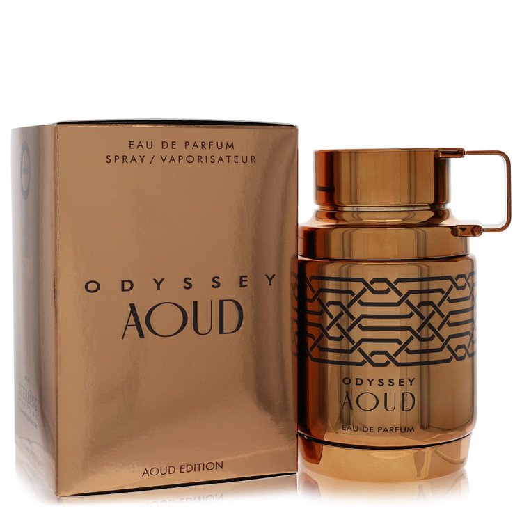 Odyssey Aoud Eau de Parfum spray bottle and packaging on a white background