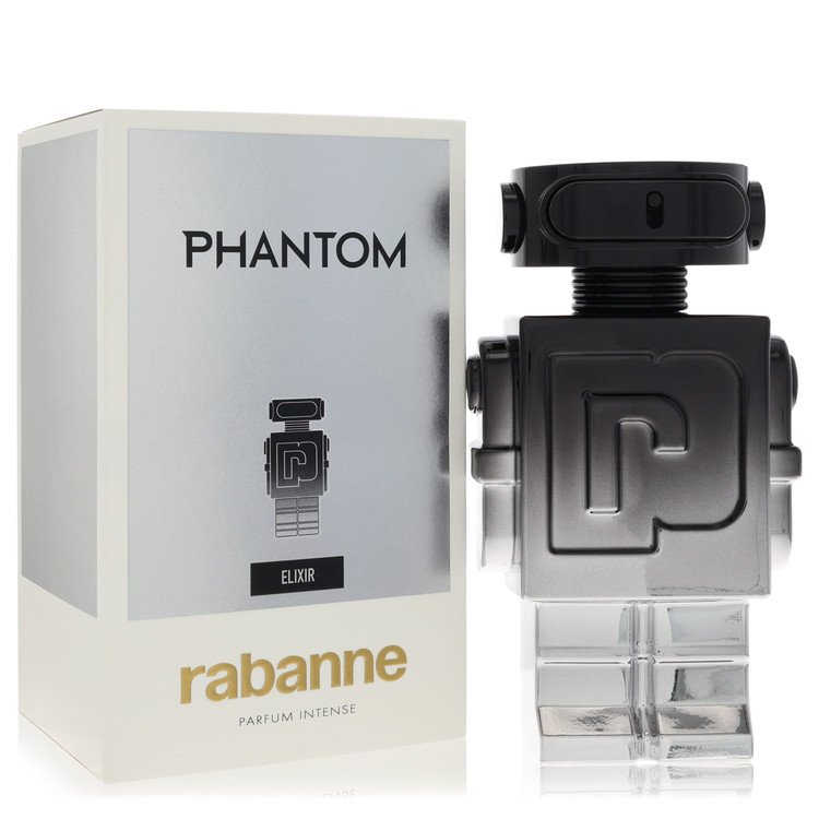 Rabanne Phantom Elixir perfume bottle and packaging on a white background