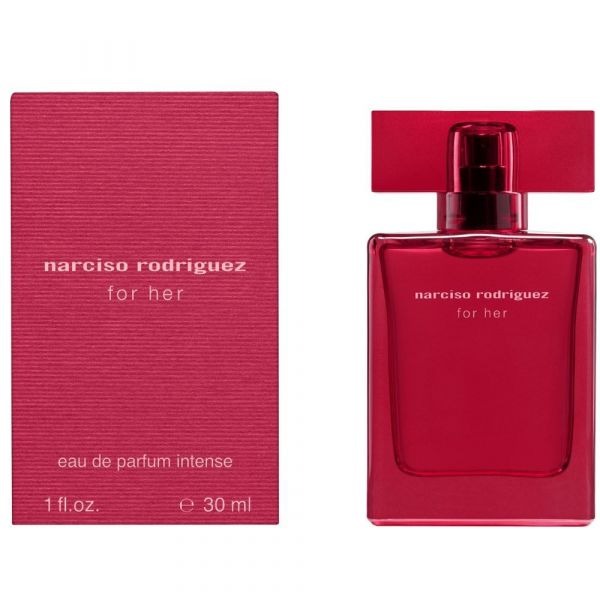 Narciso Rodriguez For Her Eau de Parfum 100ml bottle in translucent red glass next to its textured red packaging box, on a white background with a reflection.