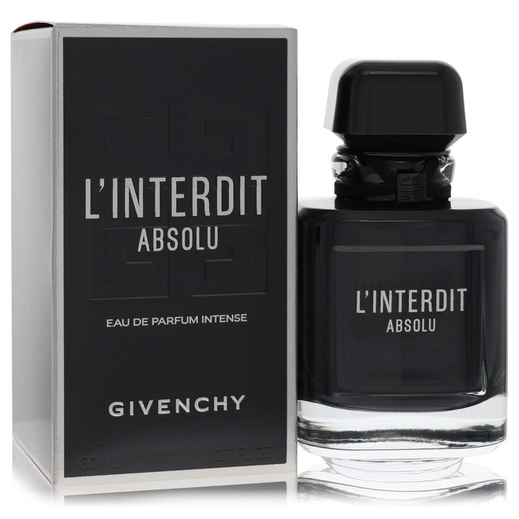 Givenchy L'Interdit Absolu Eau de Parfum Intense, featuring a black glass bottle with a black cap next to its black and silver packaging box.