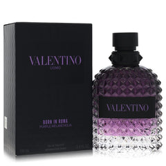 Valentino Uomo Born in Roma Purple Melancholia Eau de Toilette bottle and packaging box. The bottle is a textured, faceted purple glass with a black cap and a black label.