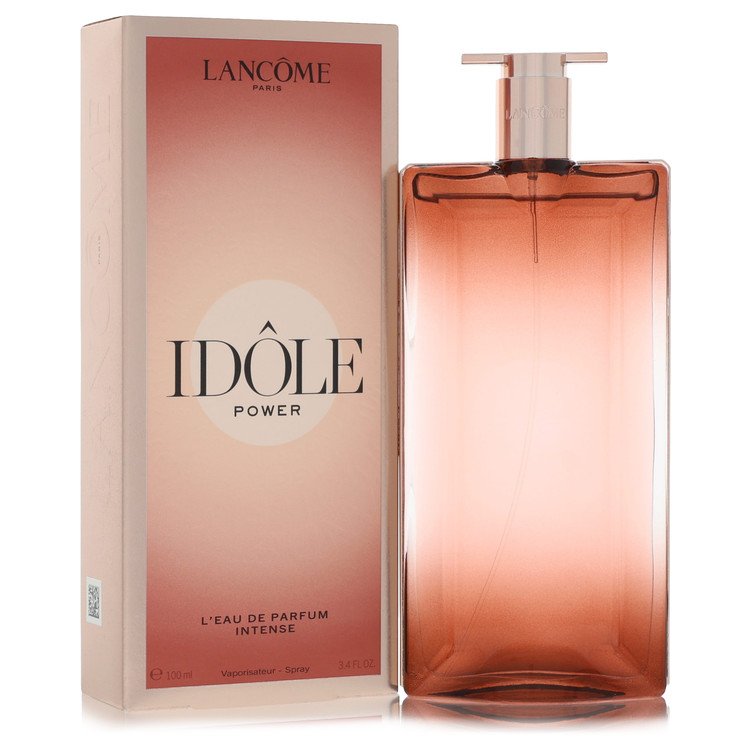 Lancôme Idôle Power Eau de Parfum bottle and its packaging box, both featuring a gradient of pink and peach tones on a clean white background.